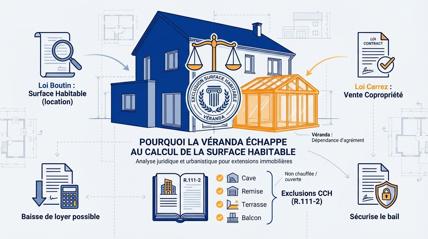 Véranda moderne vitrée non comptabilisée dans la surface habitable