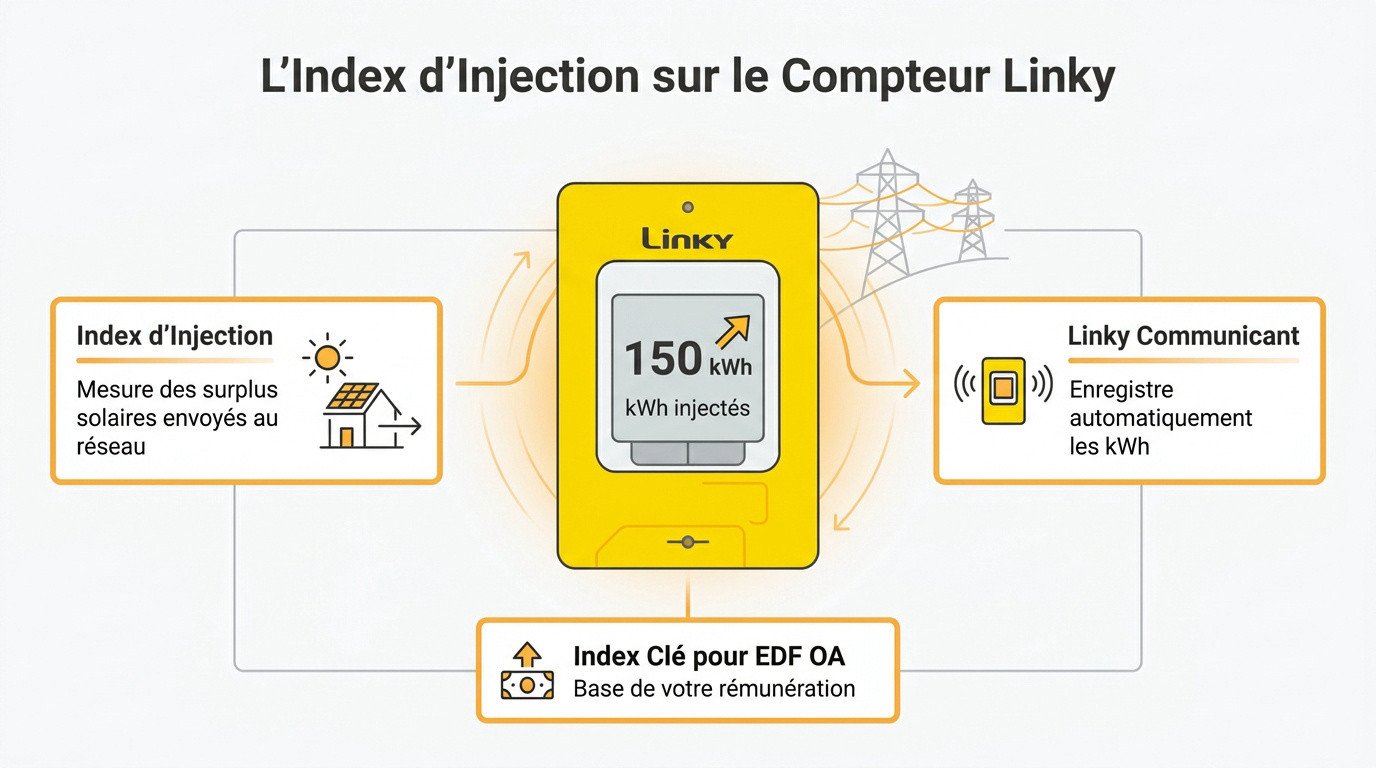 Affichage de l'index d'injection sur l'écran d'un compteur Linky jaune