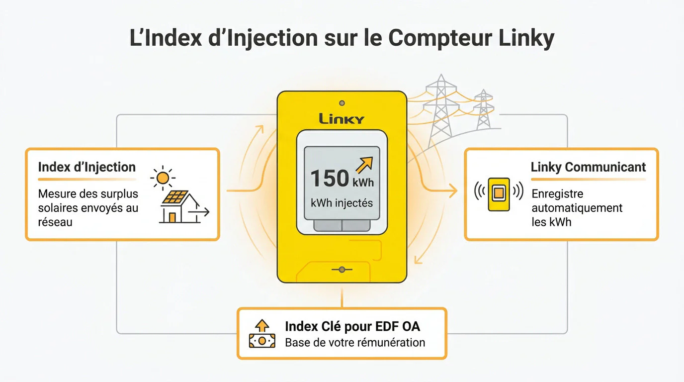 Affichage de l'index d'injection sur l'écran d'un compteur Linky jaune