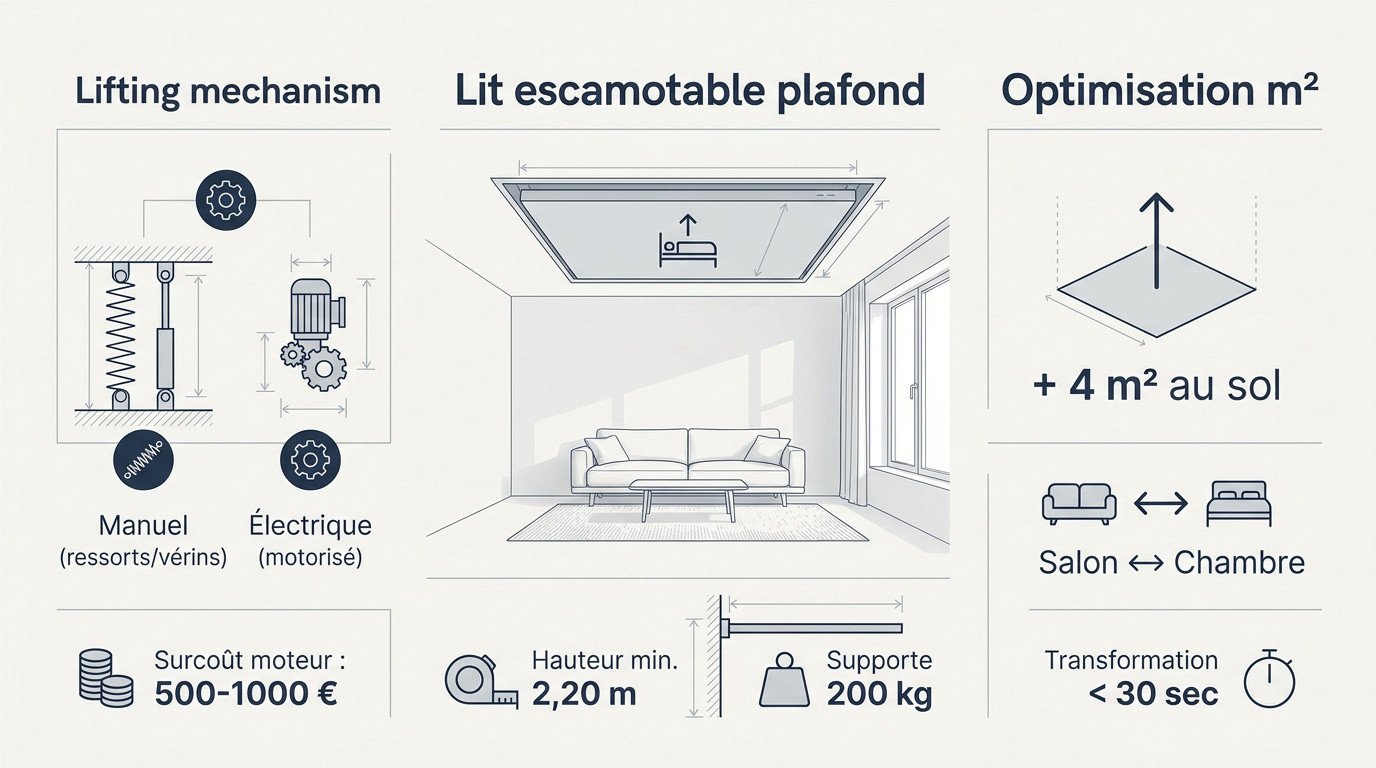 Lit escamotable au plafond libérant de l'espace au sol dans un studio moderne