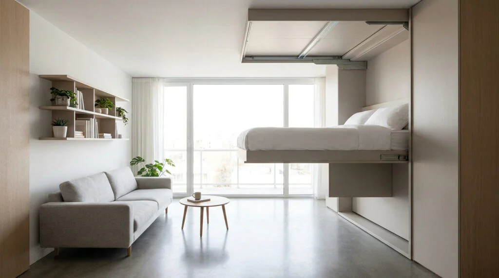 Intérieur moderne lumineux avec un lit escamotable descendant du plafond, un canapé gris et une table basse devant une grande fenêtre.