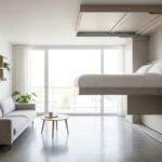 Intérieur moderne lumineux avec un lit escamotable descendant du plafond, un canapé gris et une table basse devant une grande fenêtre.