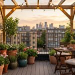 Une terrasse aménagée avec jardin vertical, pergola lumineuse, table et chaises en bois, et vue sur la ville au coucher du soleil.
