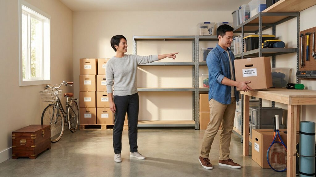 Un homme porte une boîte tandis qu'une femme pointe des étagères vides dans un garage ou un espace de stockage bien rangé.