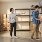 Un homme porte une boîte tandis qu'une femme pointe des étagères vides dans un garage ou un espace de stockage bien rangé.