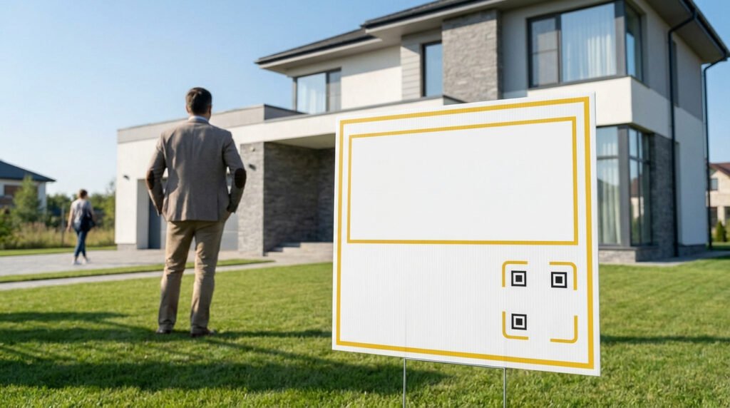 Panneau immobilier blanc avec bordures jaunes et icônes QR codes sur une pelouse devant une maison moderne. Un homme regarde la maison.