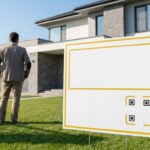 Panneau immobilier blanc avec bordures jaunes et icônes QR codes sur une pelouse devant une maison moderne. Un homme regarde la maison.