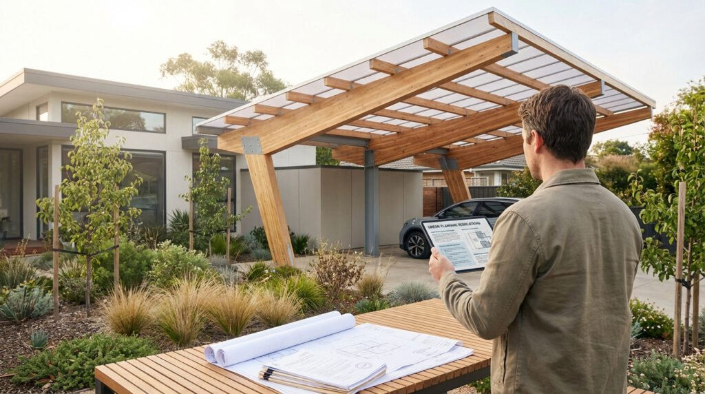 Homme étudiant des plans sur tablette, face à un carport en bois moderne et une maison. Des plans papier sont sur une table.