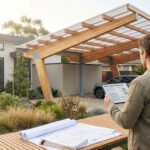 Homme étudiant des plans sur tablette, face à un carport en bois moderne et une maison. Des plans papier sont sur une table.