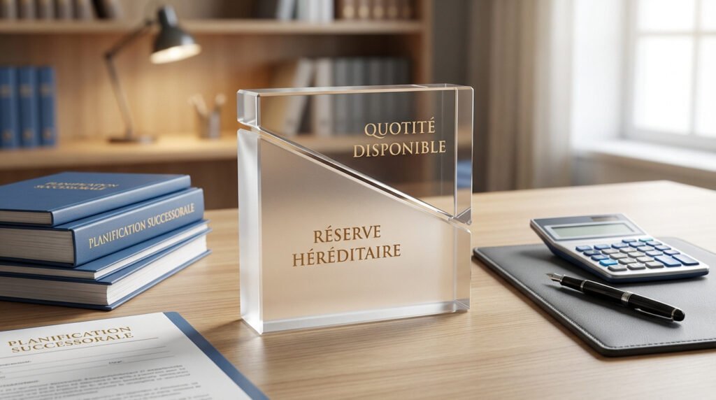 Bloc acrylique montrant Réserve Héréditaire et Quotité Disponible sur bureau avec livres de planification successorale, calculatrice et stylo.