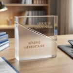 Bloc acrylique montrant Réserve Héréditaire et Quotité Disponible sur bureau avec livres de planification successorale, calculatrice et stylo.