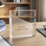 Bloc acrylique montrant Réserve Héréditaire et Quotité Disponible sur bureau avec livres de planification successorale, calculatrice et stylo.