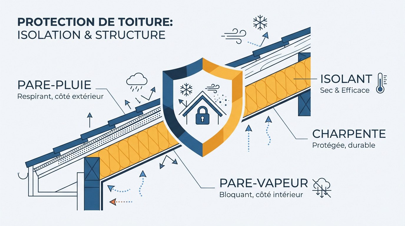 Schéma technique de protection de toiture incluant l'isolation et la structure de charpente