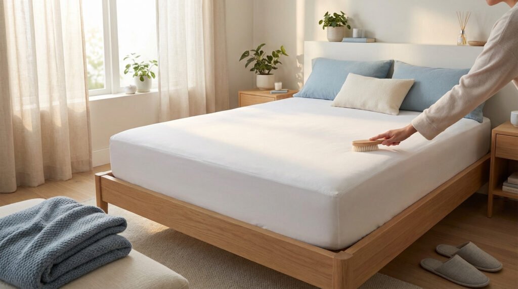 Main brossant housse de matelas anti-punaises blanche sur lit en bois clair. Chambre lumineuse pour un sommeil sain et protégé.