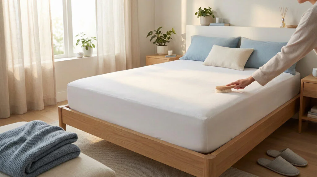 Main brossant housse de matelas anti-punaises blanche sur lit en bois clair. Chambre lumineuse pour un sommeil sain et protégé.