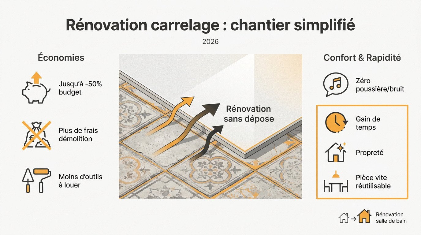 Rénovation de carrelage moderne sans dépose pour un confort optimal et des économies de chantier