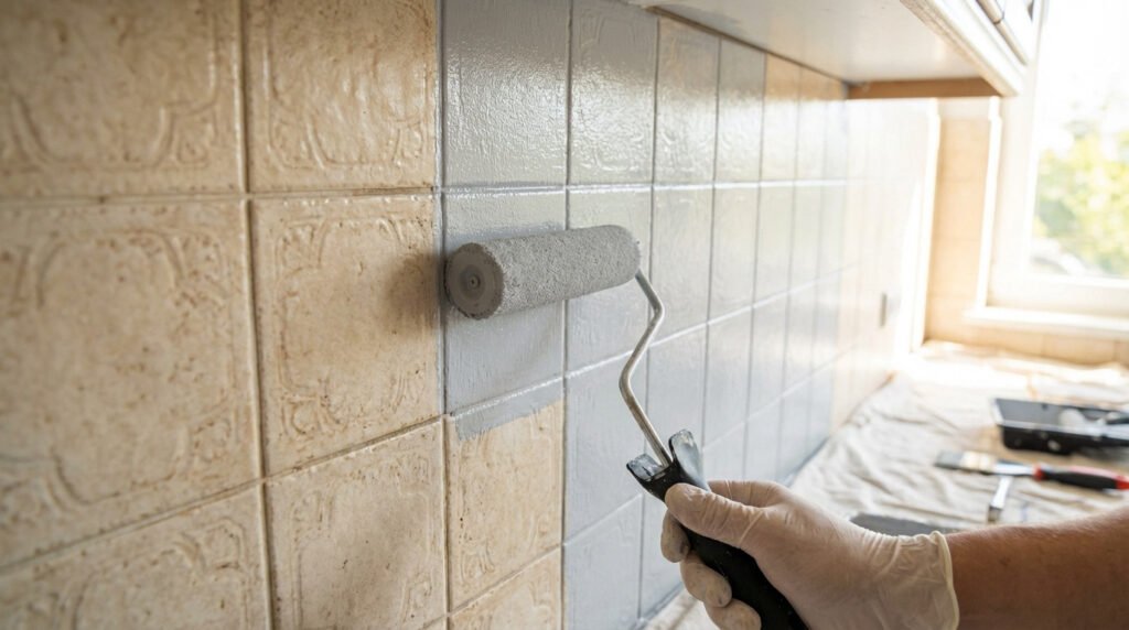 Personne peignant des carreaux de faïence beige avec un rouleau et de la peinture grise pour rénover une cuisine.