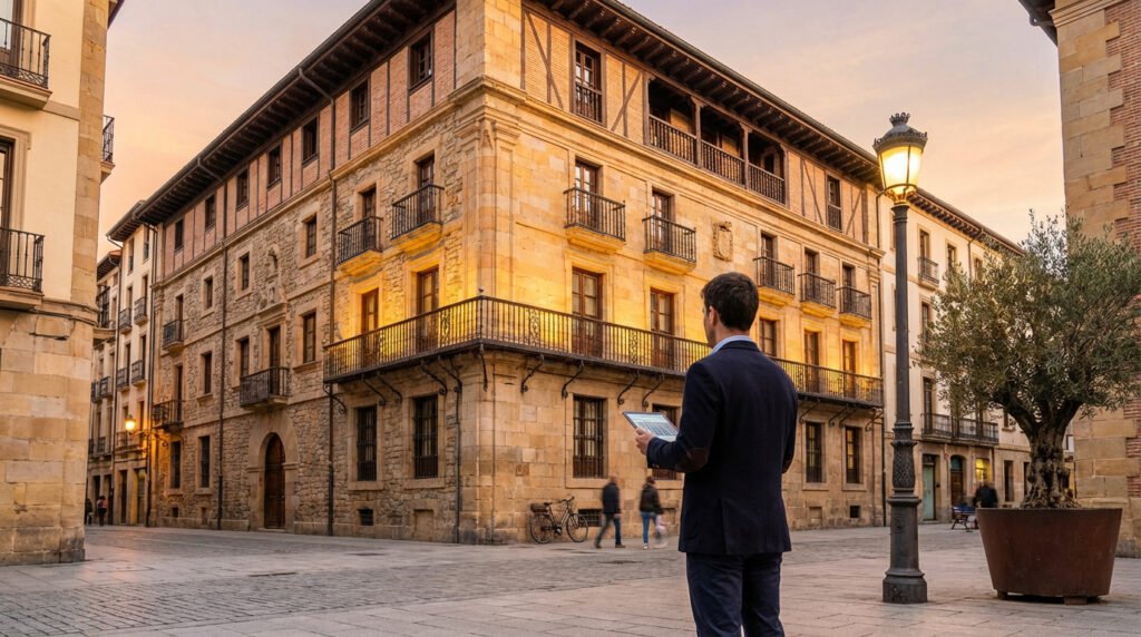 Un homme en costume évalue un immeuble historique avec une tablette, dans une rue pavée au crépuscule. Investissement Malraux.