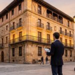 Un homme en costume évalue un immeuble historique avec une tablette, dans une rue pavée au crépuscule. Investissement Malraux.