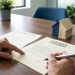 Gros plan sur des mains signant un contrat immobilier, avec un acte de propriété et une maquette de maison sur une table en bois.