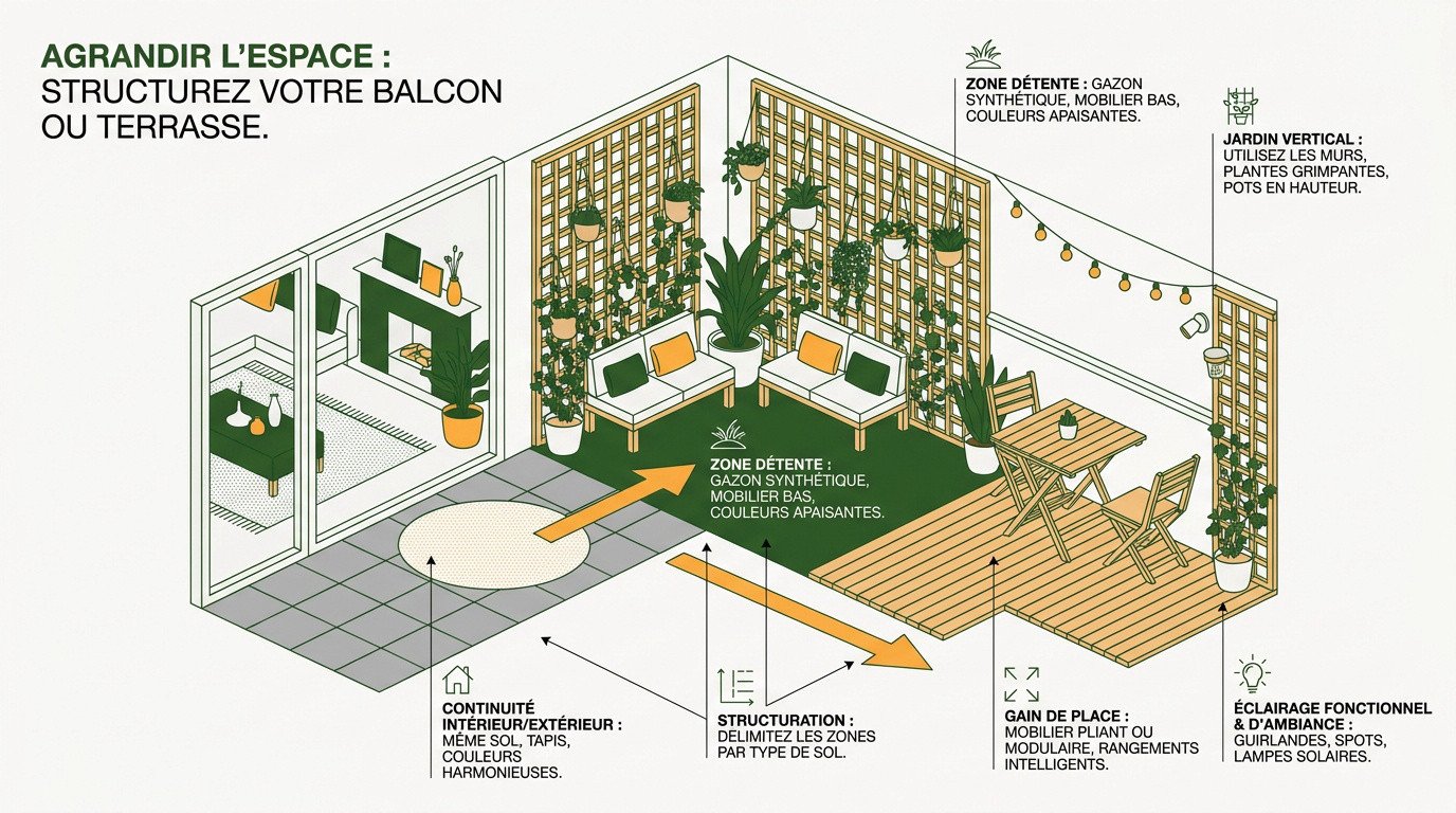 Aménagement optimisé d'un petit balcon urbain avec plantes et mobilier design