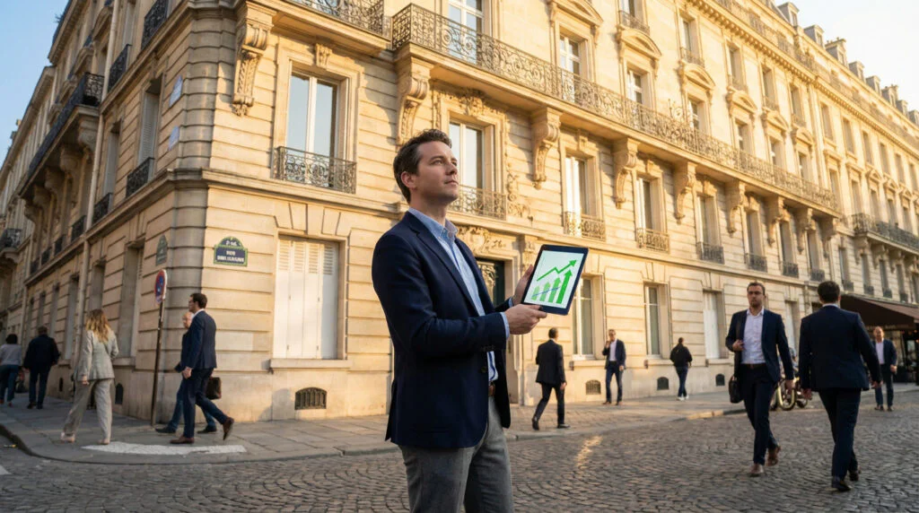 Un homme en costume tient une tablette affichant un graphique de croissance dans une rue parisienne animée, symbolisant la réussite.