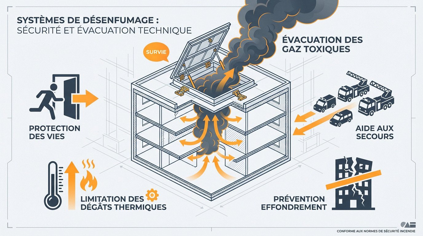 Système de trappe de désenfumage en toiture pour évacuation des fumées