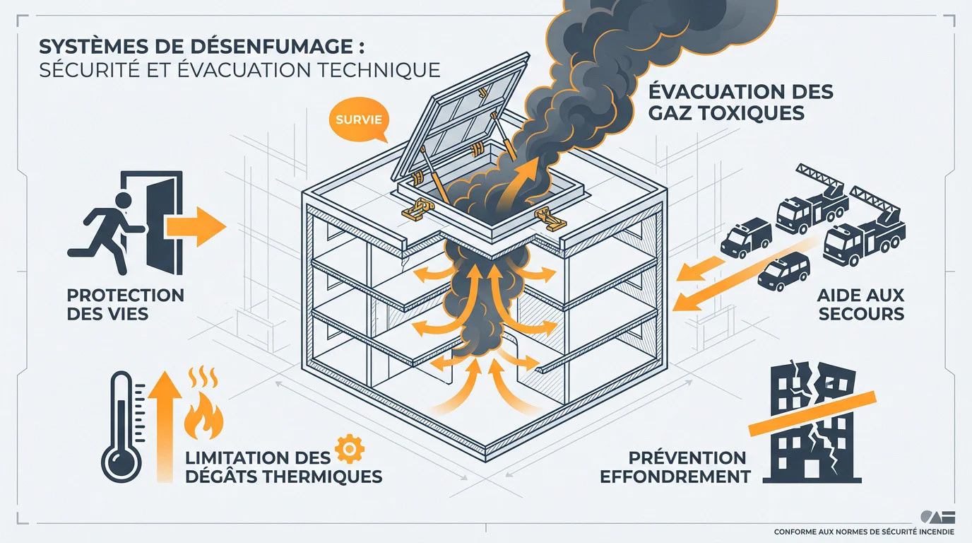 Système de trappe de désenfumage en toiture pour évacuation des fumées