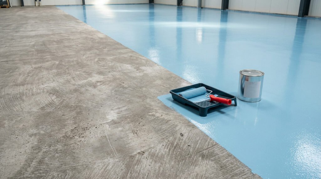 Sol en béton partiellement peint en bleu clair brillant. Un rouleau et un pot de peinture sont visibles, illustrant l'application d'une peinture de protection.