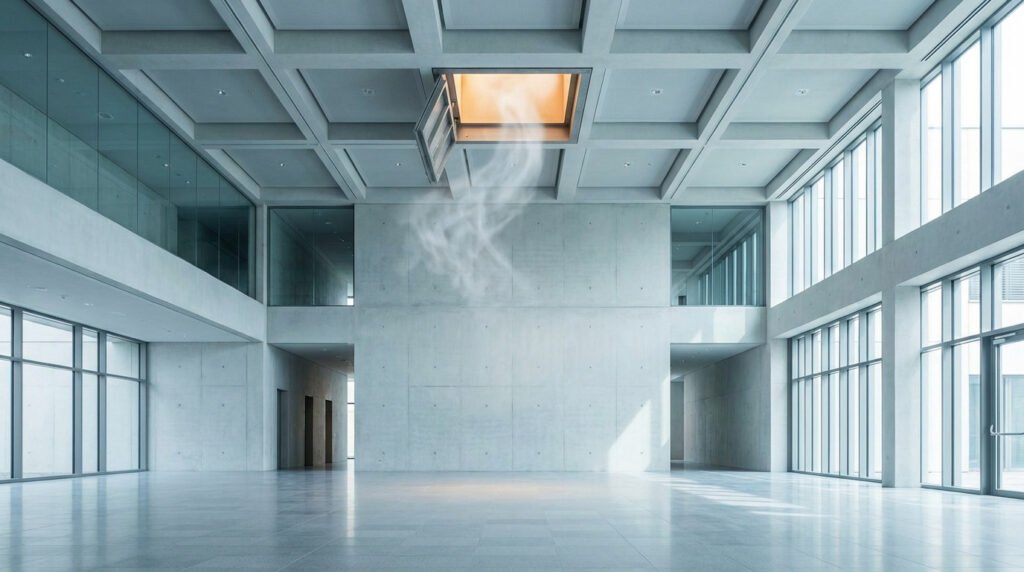 Vue d'une trappe de désenfumage ouverte au plafond d'un hall moderne en béton et verre, avec de la fumée s'élevant vers elle.