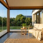 Intérieur de véranda moderne baignée de lumière naturelle, avec un fauteuil confortable, une petite table et vue sur un jardin verdoyant.