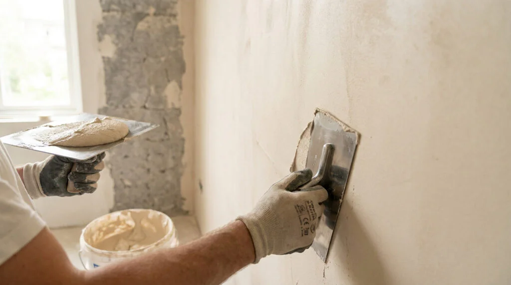 Un artisan applique un enduit à la chaux sur un mur avec une lisseuse en acier.