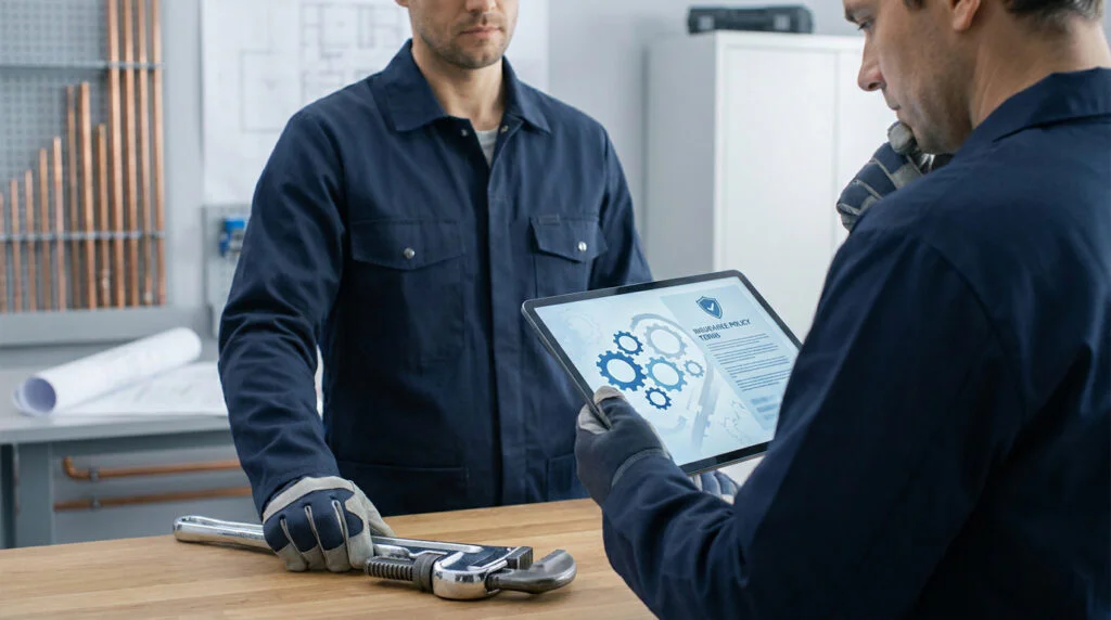 Deux plombiers en discussion, l'un montrant les termes d'une police d'assurance décennale sur une tablette, près d'une clé à molette.