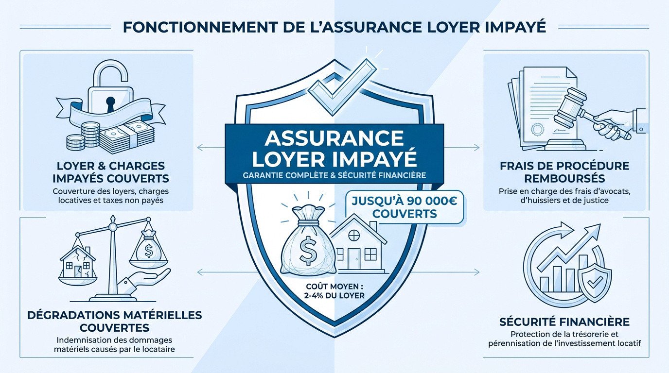 Schéma explicatif des couvertures et avantages de l'assurance loyers impayés pour les propriétaires