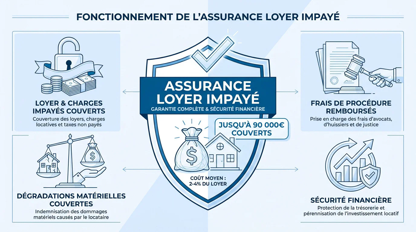 Schéma explicatif des couvertures et avantages de l'assurance loyers impayés pour les propriétaires