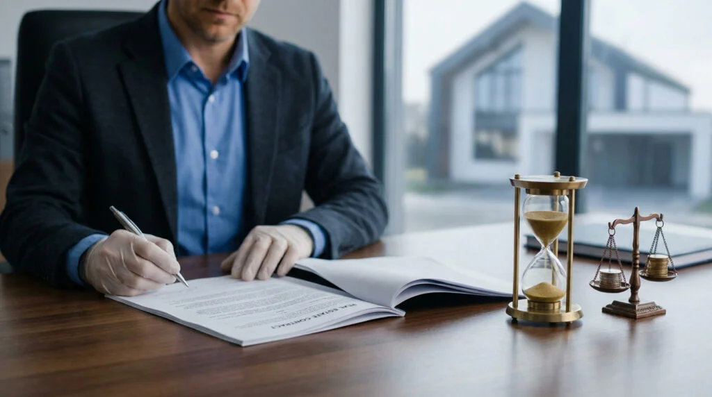 Homme en costume et gants signe un contrat immobilier. Sablier et balance de justice sur la table, maison en arrière-plan.