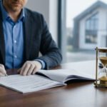 Homme en costume et gants signe un contrat immobilier. Sablier et balance de justice sur la table, maison en arrière-plan.
