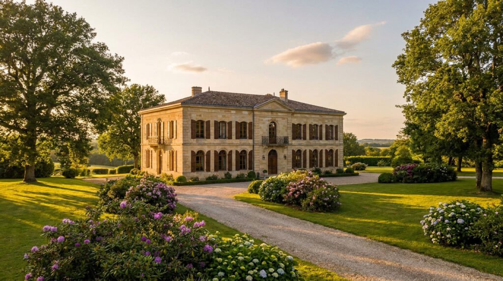 Manoir élégant en pierre dorée au milieu d'un jardin luxuriant, avec allée. Lumière douce du soir.