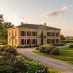 Manoir élégant en pierre dorée au milieu d'un jardin luxuriant, avec allée. Lumière douce du soir.