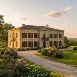 Manoir élégant en pierre dorée au milieu d'un jardin luxuriant, avec allée. Lumière douce du soir.
