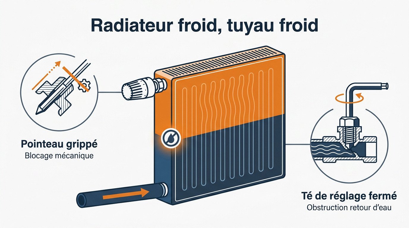 Diagnostic d'un radiateur froid avec examen du robinet thermostatique et du té de réglage