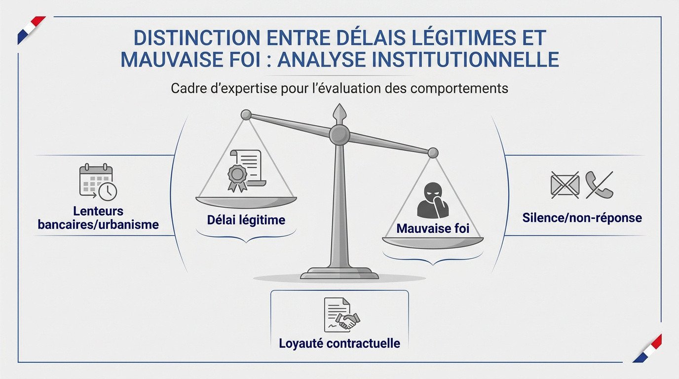 Comparaison entre retards administratifs légitimes et signes de mauvaise foi de l'acheteur immobilier