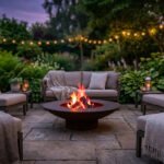 Aménagement de jardin cosy au crépuscule. Un brasero est entouré de fauteuils et d'un canapé confortables sous des guirlandes lumineuses.
