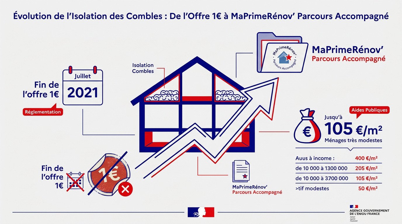 Graphique montrant le passage de l'isolation à 1 euro vers le dispositif MaPrimeRénov' Parcours Accompagné