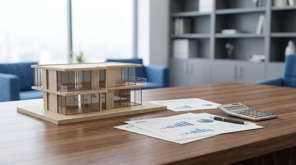 Maquette de maison en bois, documents financiers 2026, calculatrice et stylo sur un bureau. Représente l'IFI.
