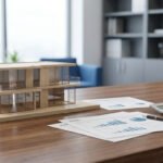 Maquette de maison en bois, documents financiers 2026, calculatrice et stylo sur un bureau. Représente l'IFI.