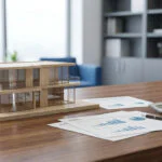 Maquette de maison en bois, documents financiers 2026, calculatrice et stylo sur un bureau. Représente l'IFI.
