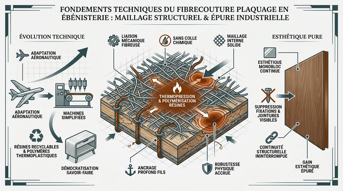 Maillage de fibres techniques et finition esthétique en fibrecouture pour l'ébénisterie