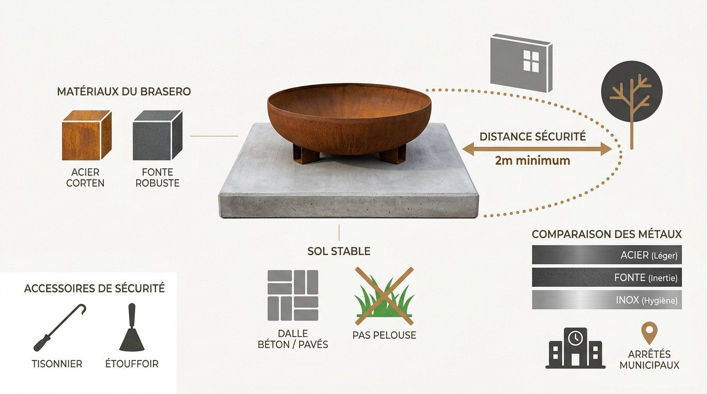 Brasero en acier corten installé sur une terrasse sécurisée en dalles