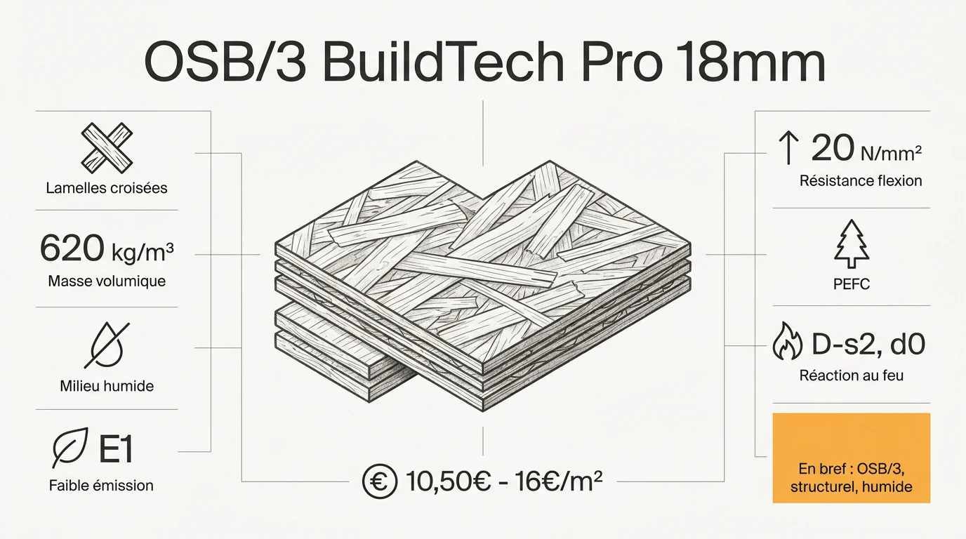 Infographie technique du panneau OSB 3 BuildTech Pro 18mm détaillant ses propriétés structurelles